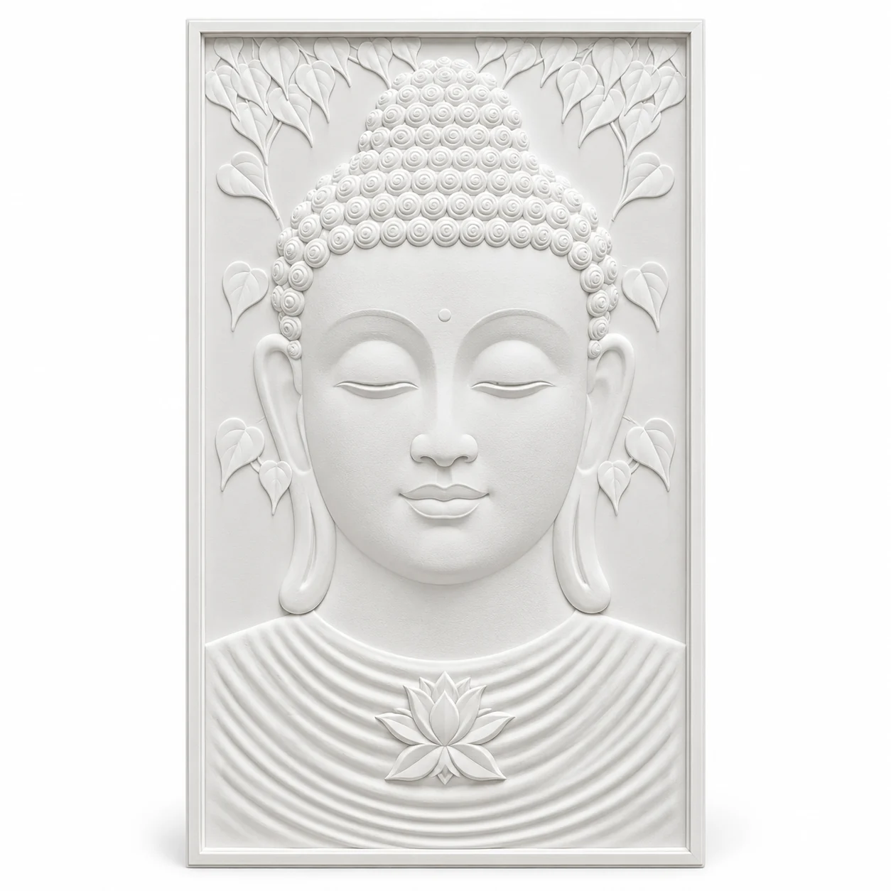 White sculptural Buddha relief with lotus and foliage