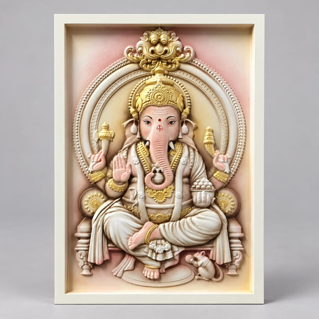 Gold and blush Ganesha relief in a white framed panel