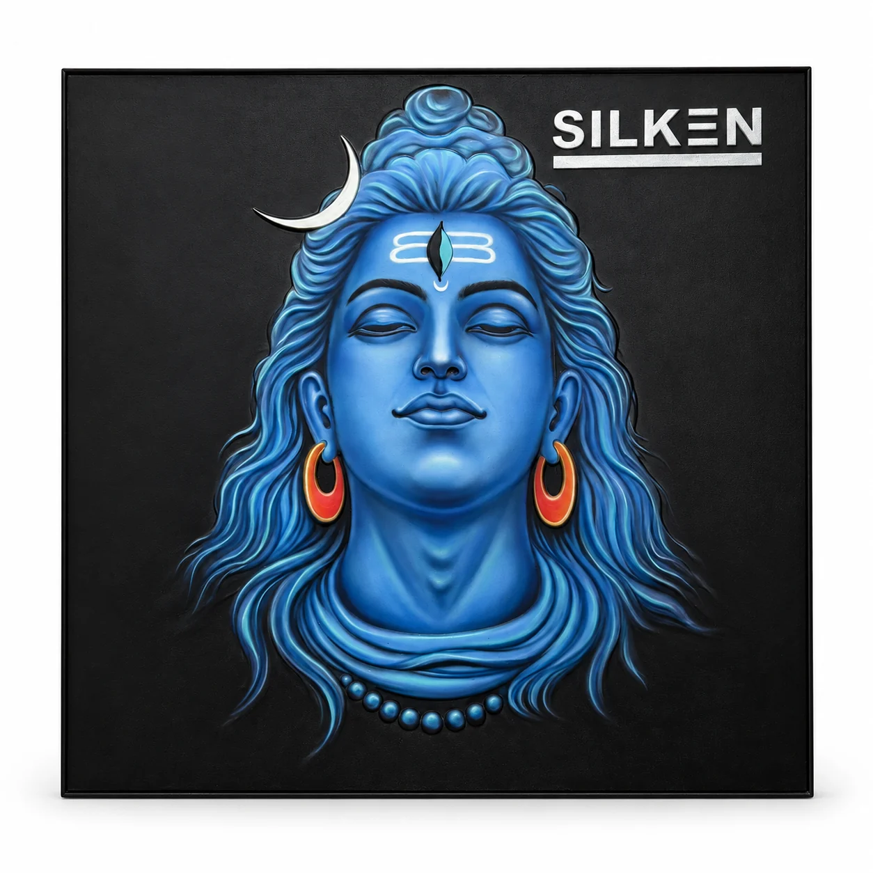 Blue Shiva 3D CNC relief on a black SILKEN panel
